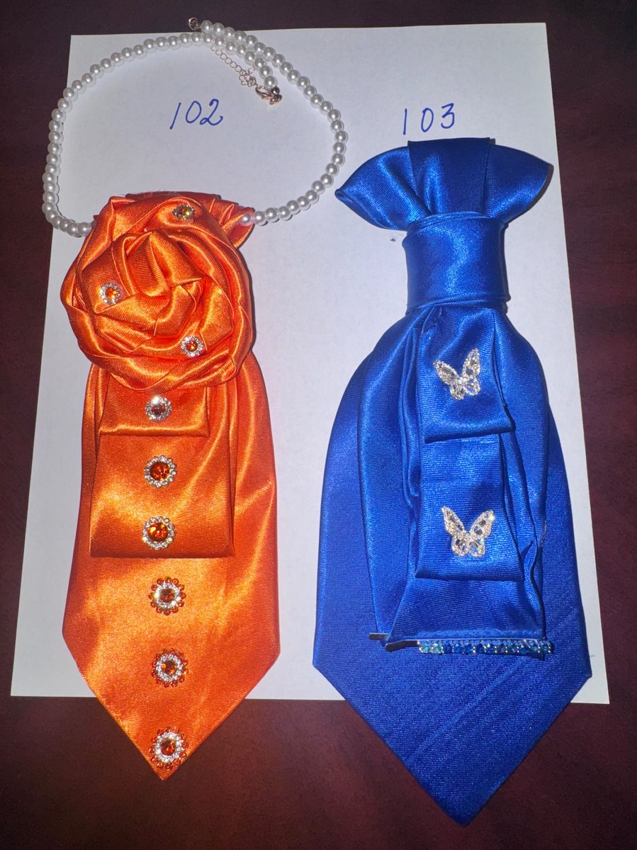 Style 102 burnt orange tie necklace and Style 103 royal blue tie necklace