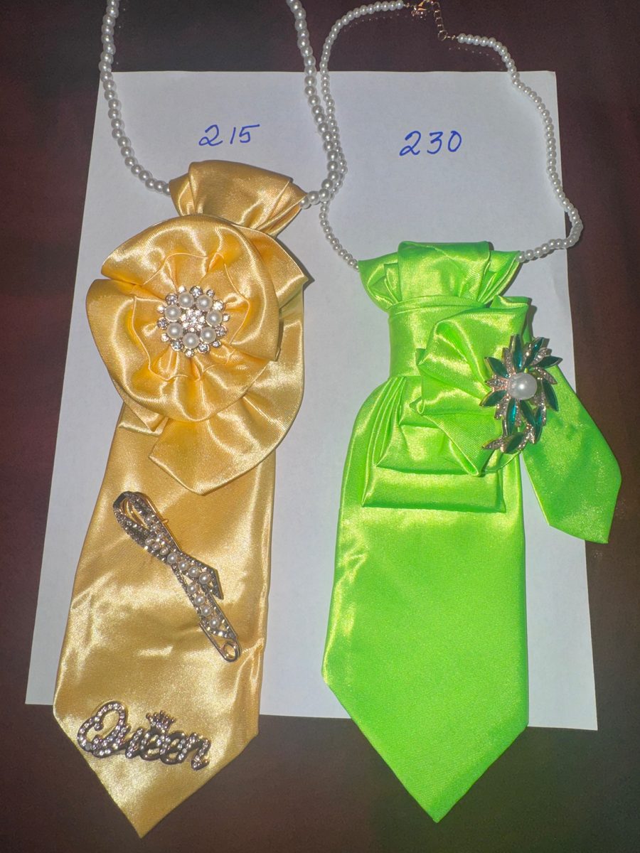 Style 215 gold tie necklace and Style 230 lime green tie necklace