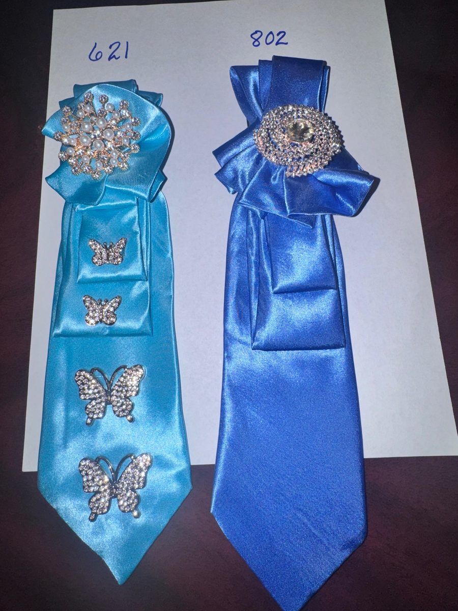 Style 621 turquoise tie necklace and Style 802 royal blue tie necklace