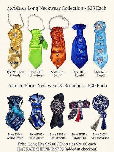 Artisan neckwear price sheet: long $25, short $20, flat-rate shipping $7.95